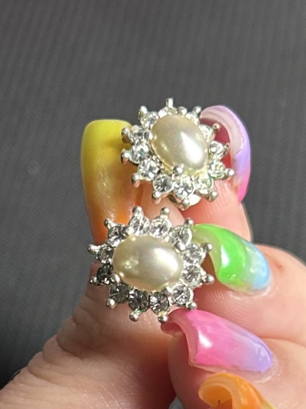 Vintage Roman Faux Pearl Rhinestone Starburst Halo Stud Earrings Silver Tone